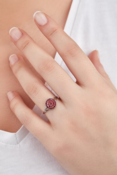 Omorfi Silver Garnet Taşlı (LAL TAŞI) 925 Ayar Gümüş Yuvarlak Taşlı 3 Sıra Yüzük