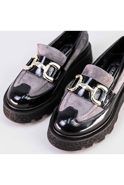 H&K GLOW Gri-siyah Hakiki Deri Gold Tokalı Loafer