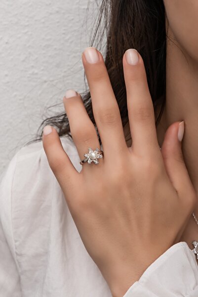 klas gümüş Incili Lotus Beyaz Taşlı Rodaj Yüzük-925 Ayar Gümüş