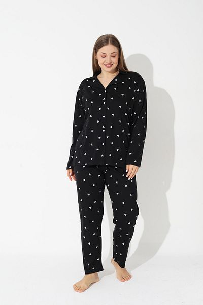 Siyah İnci Set de pijamale oversize din bumbac, cu nasturi, cu model de inimă neagră