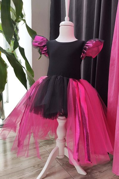 Shecco Babba Fuchsia Black Asymmetrical Girl's Tutu Dress, Birthday Dress, Ball Bandana