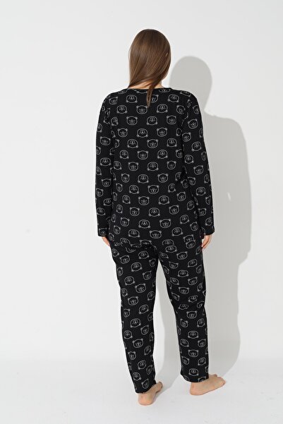 Siyah İnci Siyah Ayıcık Desenli Curve Büyük Beden Battal Boy Pamuklu Pijama Takımı