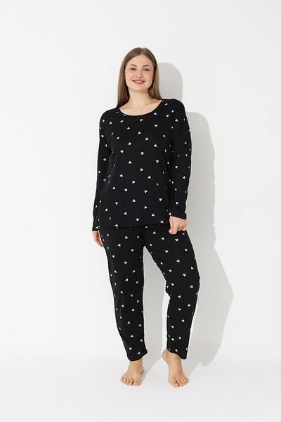 Siyah İnci Black Heart Patterned Curve Plus Size King Size Cotton Pajama Set