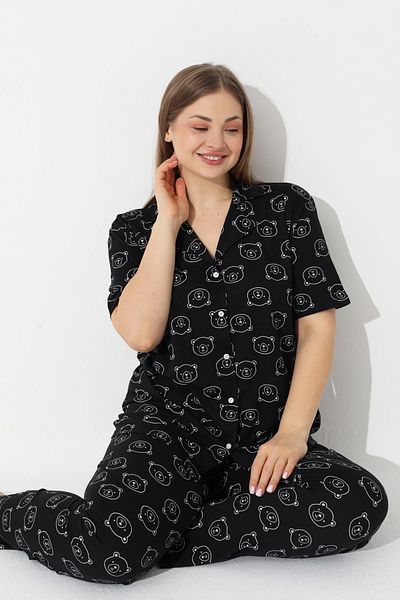 Siyah İnci Black Teddy Bear Patterned Curve Plus Size Oversize Short Sleeve Buttoned Cotton Pajama Set