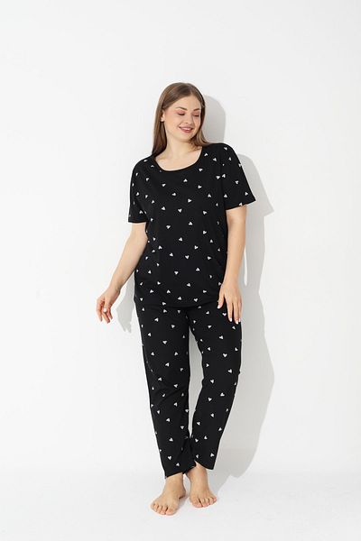 Siyah İnci Black Heart Patterned Curve Plus Size Oversize Short Sleeve Cotton Pajama Set