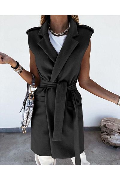 Case Women's Belted Waist-Tied Padded Pocket Detailed Lined Black Color Vest Cashmere Coat