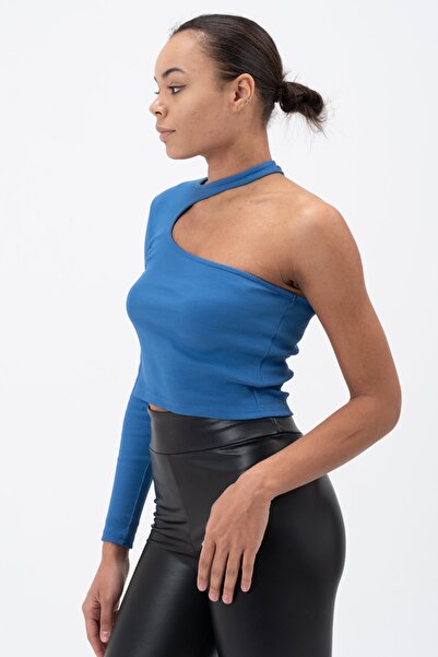 PUNKY CAT Women's Blue Low-cut Single Sleeve Blouse