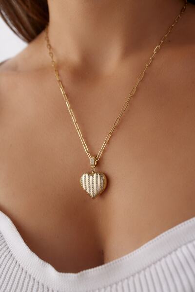 YAVUZ KUYUMCULUK 14 Ayar Altın Ataş Zincir Taşlı Kalp Kolye