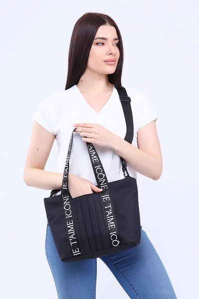 ICONE BAG Geantă gonflabilă neagră pentru femei cu fermoar - țesătură parașută, geantă de mână și de umăr