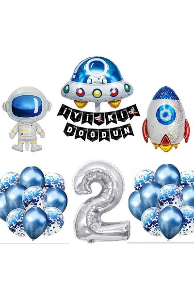 Patladı Gitti Space Concept Σετ γιορτής γενεθλίων 2 ετών. Σετ μπαλόνι με αστροναύτη, UFO και διαστημόπλοιο