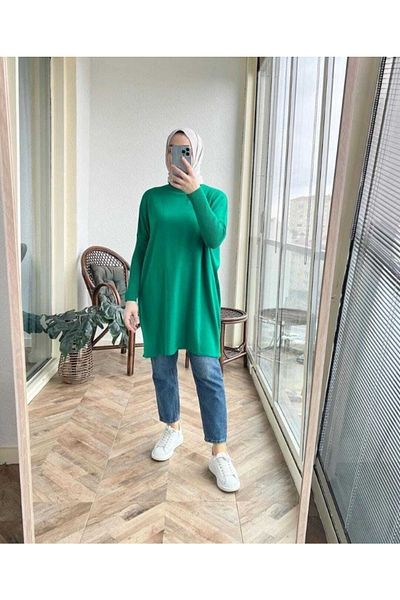 MODAMÜNASİP Women's Blue Half Turtleneck Knitwear Poncho Sweater Tunic