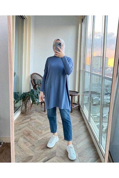 MODAMÜNASİP Women's Blue Half Turtleneck Knitwear Poncho Sweater Tunic