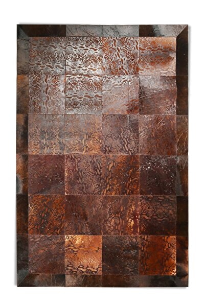 Dericibey Platin Varaklı Karamel Rengi Doğal Dana Derisi Patchwork Halı