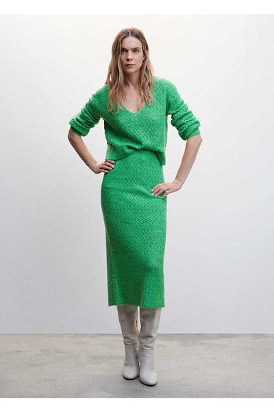 MANGO Woman Green Midi Openwork Knit Sweater