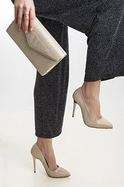 SOFT FASHION Kadın Gold & Altın Sultan Taşlı Ve Simli Stiletto & Çanta Kombin...