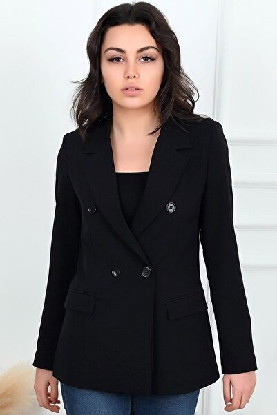 MissKybele Astarlı Kapaklı Cepli Bel Oturtmalı Rahat Kesim Likralı Düğmeli Uzun Blazer Ceket