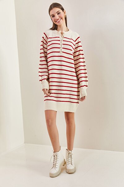 Bianco Lucci Γυναικείο μαλακό πλεκτό φόρεμα με ριγέ κουμπιά