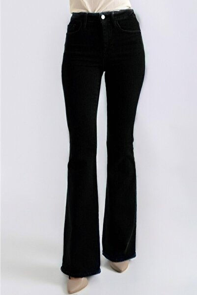 MissKybele Likralı Yıkamalı Ispanyol Paça Toparlayıcı Fit Kalıp Yüksek Bel Fermuarlı Jean Kot Pantolon