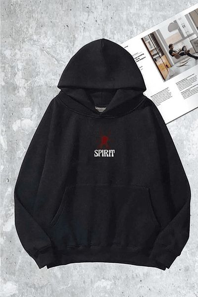 Calvin Jones Oversize Black Unisex Spirit Printed Cotton Sweatshirt Hoodie