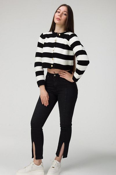 MODAGEN Women's Black and White Striped Gold Buttoned Knitwear Cardigan Sweater