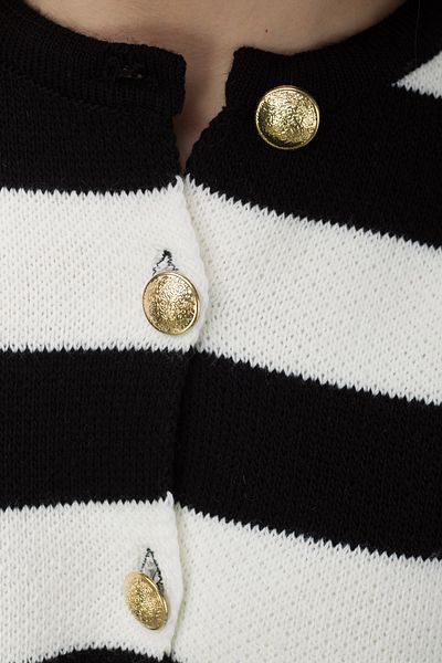 MODAGEN Women's Black and White Striped Gold Buttoned Knitwear Cardigan Sweater
