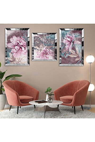 Zevahir Mobilya Dekorasyon Mor Çiçek Gümüş Pleksi Kenar Üçlü Mdf Tablo Seti Ve Saat Seti