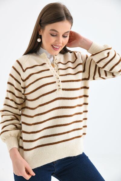 VOLT CLOTHİNG Pulover de damă, cu guler cu nasturi, tricotaj în dungi