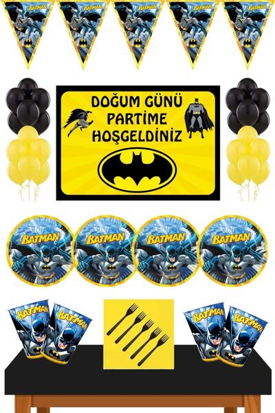 Batman Doğum Günü Konsepti Mega Boy Afişli 8 Kişilik Siyah Ekonomik Set Batme...