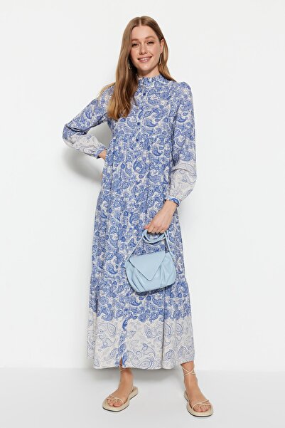 Trendyol Modest Rochie cămașă țesută cu aspect de in și guler predominant cu model etnic albastru TCTSS23EB00286