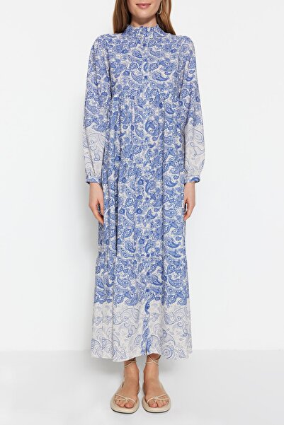 Trendyol Modest Rochie cămașă țesută cu aspect de in și guler predominant cu model etnic albastru TCTSS23EB00286