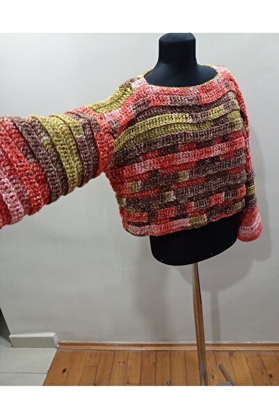 ELACA Kadın El Örgüsü Çok Renkli Kısa Kazak