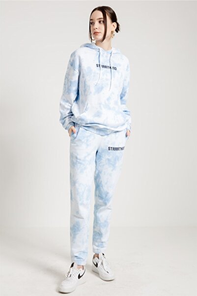 Genel Markalar Batik Yıkamalı Mavi Oversize Kadın Eşofman Altı