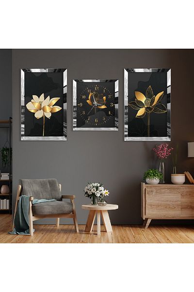 Zevahir Mobilya Dekorasyon Model Abstract Floral Argintiu Marginea Plexi Set de pictură MDF triplu și set de ceasuri