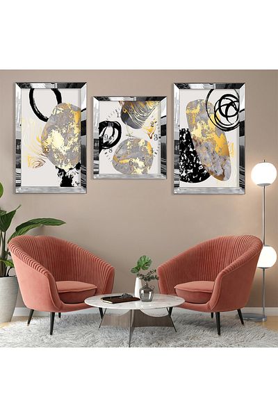 Zevahir Mobilya Dekorasyon Abstract Pattern Silver Plexi Edge Triple Mdf Table Set and Clock Set