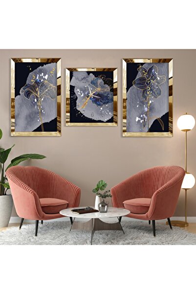 Zevahir Mobilya Dekorasyon Mor Bitki Soyut Desen Gold Pleksi Kenar Üçlü Mdf Tablo Seti Ve Saat Seti