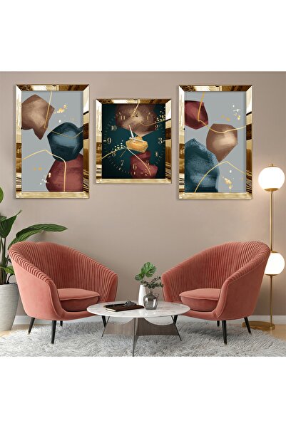 Zevahir Mobilya Dekorasyon Set de pictură MDF cu model abstract din plexiglas auriu și set de ceasuri