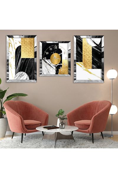Zevahir Mobilya Dekorasyon Set de pictură și ceas din MDF cu model abstract din argint cu margine din plexiglas