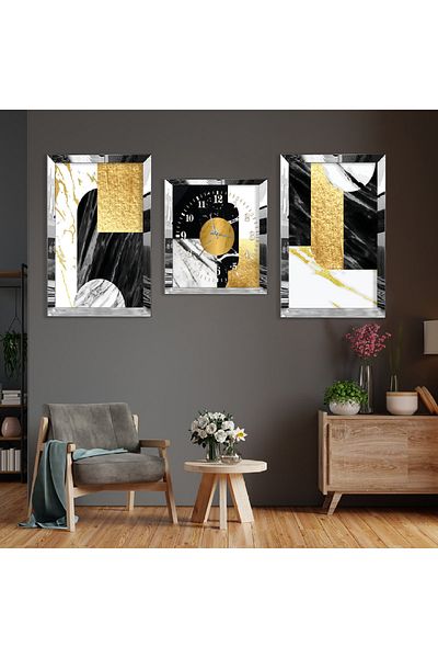 Zevahir Mobilya Dekorasyon Set de pictură și ceas din MDF cu model abstract din argint cu margine din plexiglas
