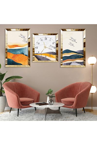 Zevahir Mobilya Dekorasyon Set de pictură și ceas din MDF cu margine din plexiglas auriu cu model abstract de păsări nomad