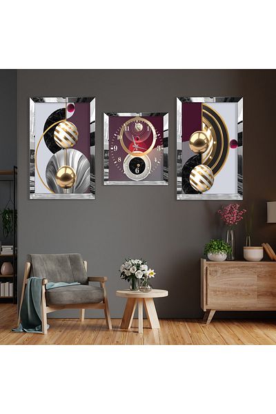 Zevahir Mobilya Dekorasyon Set de pictură și ceas din MDF cu model abstract din argint cu margine din plexiglas
