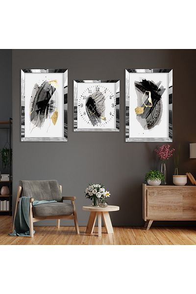 Zevahir Mobilya Dekorasyon Set de pictură și ceas din MDF cu model abstract din argint cu margine din plexiglas