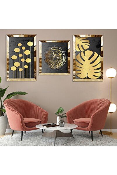 Zevahir Mobilya Dekorasyon Soyut Desen Yaprak Gold Pleksi Kenar Üçlü Mdf Tabl...