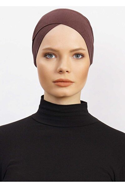 Ecardin Kadın Çapraz Bone Tesettür Hazır Kaymaz Türban Hijab Pratik Kayma Yapmaz Elastan Bone - Kahve