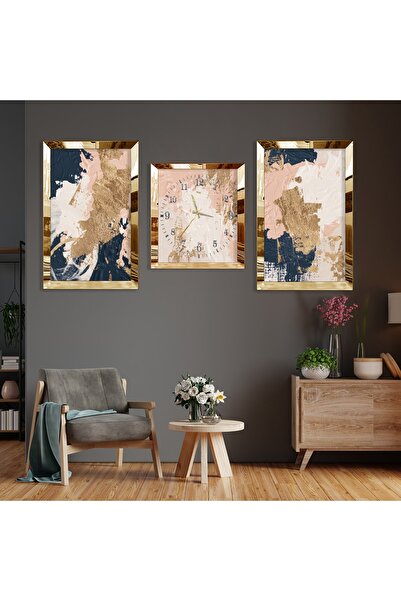 Zevahir Mobilya Dekorasyon Soyut Desen Boya Gold Pleksi Kenar Üçlü Mdf Tablo Seti Ve Saat Seti