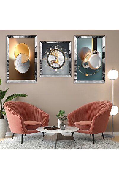 Zevahir Mobilya Dekorasyon Geyik Soyut Desen Gümüş Pleksi Kenar 3'lü Mdf Tabl...