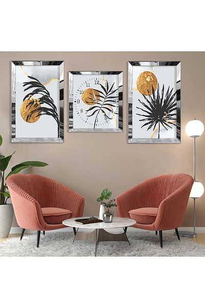 Zevahir Mobilya Dekorasyon Plantă Model Abstract Argintiu Borduri din plexiglas Set de pictură MDF triplu și set de ceasuri