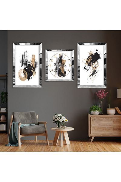 Zevahir Mobilya Dekorasyon Model Abstract Vopsea Argintiu Plexi Edge Set de pictură și ceasuri din MDF triplu