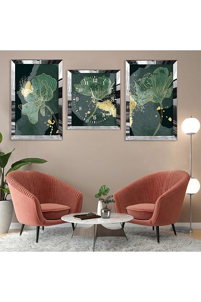 Zevahir Mobilya Dekorasyon Green Flower Abstract Pattern Silver Plexi Edge Triple Mdf Table Set and Clock Set