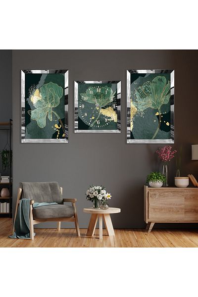 Zevahir Mobilya Dekorasyon Green Flower Abstract Pattern Silver Plexi Edge Triple Mdf Table Set and Clock Set