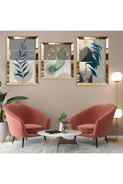 Zevahir Mobilya Dekorasyon Gold Aynalı Pleksi Çerçeveli Minimalist Çiçek Desenli Soyut Üçlü Mdf Tablo Seti Ve Saat Seti